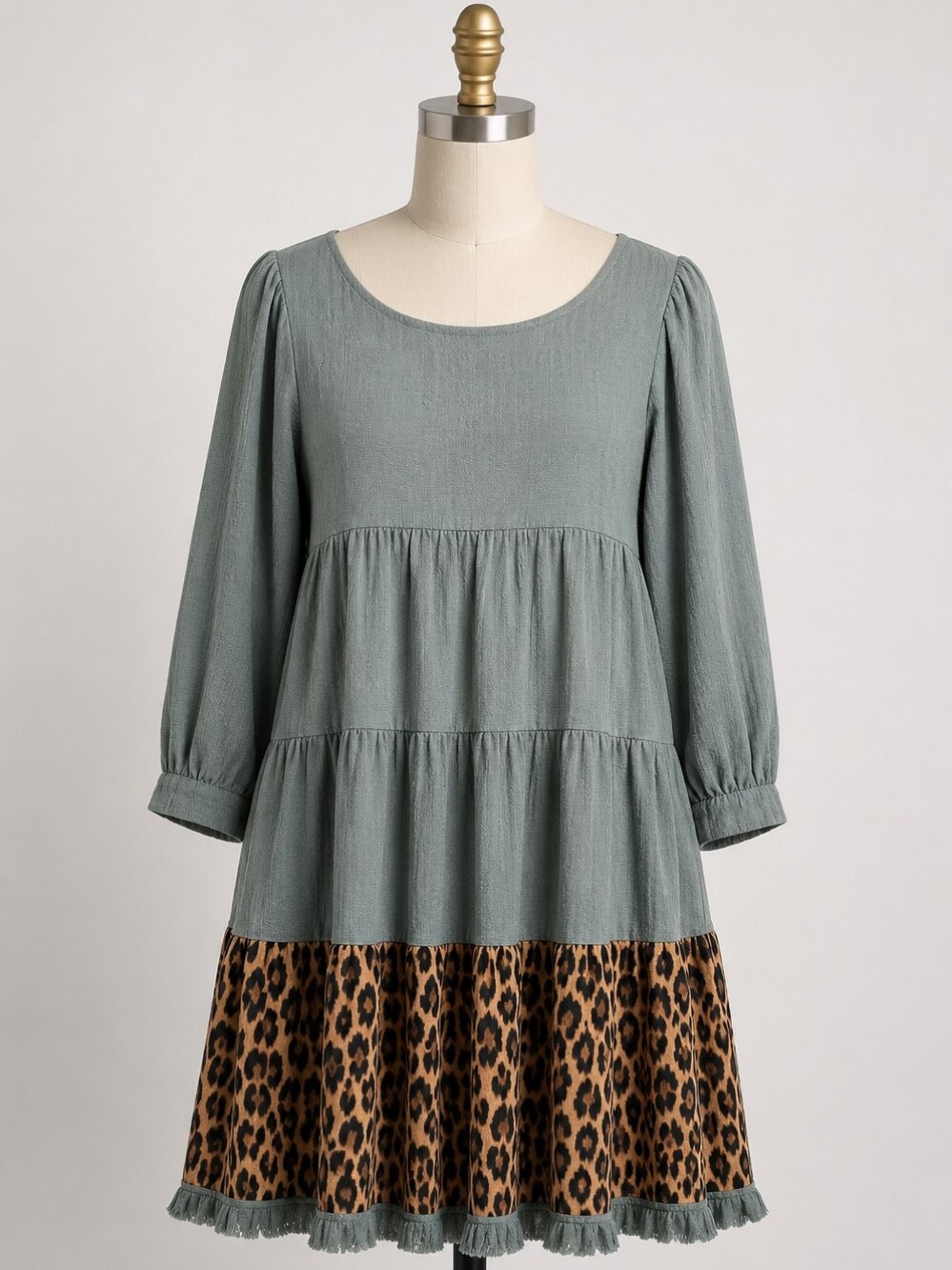Umgee Sage Green Leopard Print Tiered Babydoll Dress | Boho Tunic Dress - Picture 2 of 5